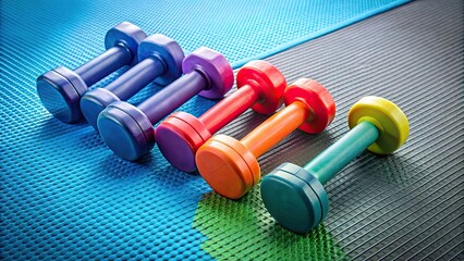 Photo of a set of colorful dumbbells on a gym mat, gym equipment, accessories, workout, fitness, exercise, weights