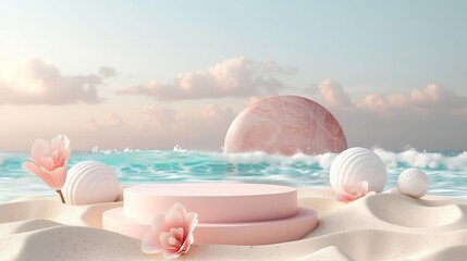 Beach podium summer background sand product 3D sea display platform  Beach podium summer banner stand scene sale sky holiday vacation stage water island sun travel pedestal promoti