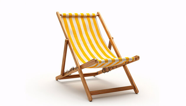 Yellow striped beach chair for summer getaways on white background.