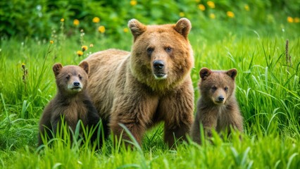 Adorable brown bear mother lovingly guides her two playful cubs through lush green field on a warm summer day.