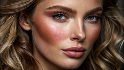 Fototapeta premium Soft pink blush sweeping across peach-toned makeup palette, gradient effect showcasing contoured cheekbone definition and subtle flushed undertones.