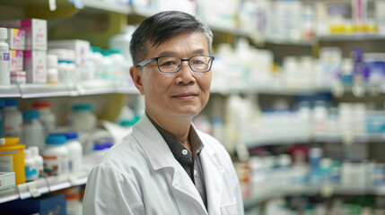 A male model wearing glasses and a white lab coat stands in front of shelves filled with various health products, looking directly at the camera