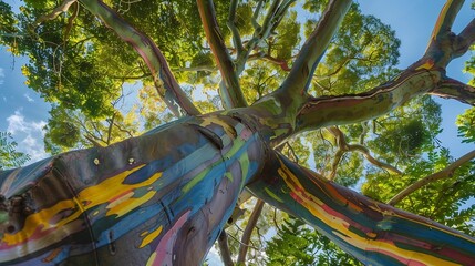 Rainbow Eucalyptus tree at Keahua Arboretum near Kapaa Kauai Hawaii Rainbow Eucalyptus is a tree of the species Eucalyptus deglupta with striking coloured streaks on its bark : Generative AI