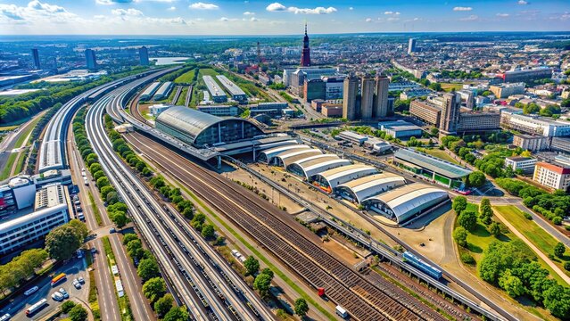 Aerial view of Cologne Koelnmesse and railway tracks , aerial view, Cologne, Koelnmesse