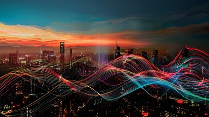 Smart city high speed internet and big data connection technology concept digital graphic wire waves on night city skyscrapers skyline background double exposure : Generative AI