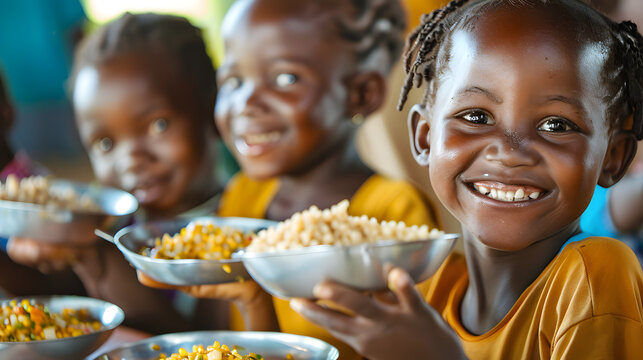 Happy poor african school children eating together. Problems of hunger and lack of food in African countries. Generative ai