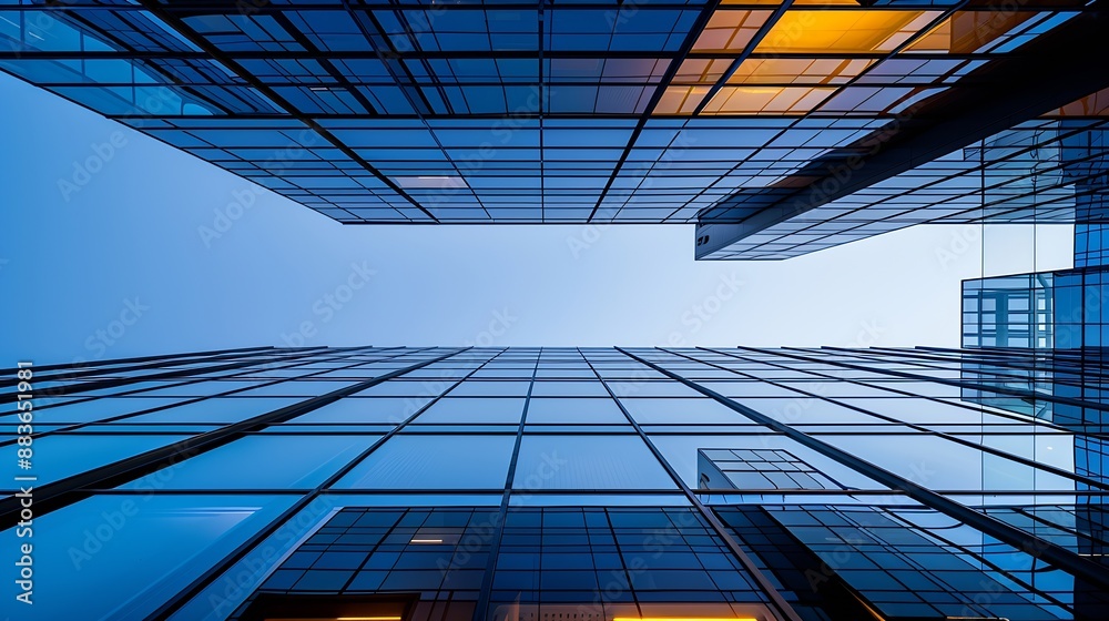 Poster from below of entrance of office building next to contemporary high rise structures with glass mirro