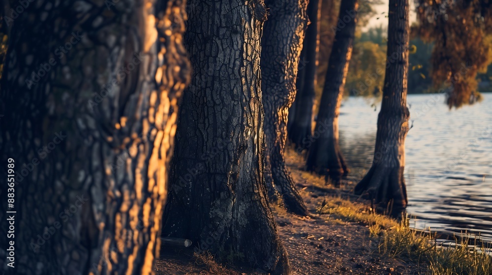 Poster dense tree trunks along the artificial lake shore in sunset : generative ai