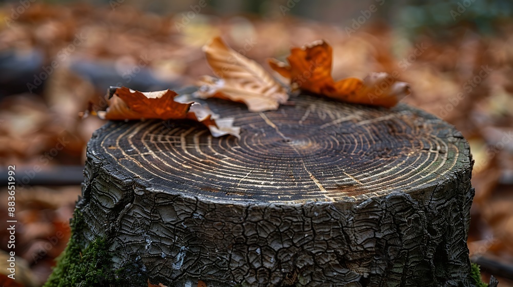 Poster Annual rings of a sawnoff tree in an autumn forest Moss on the tree stump and brown leaves on the edge Age of the tree can be counted : Generative AI