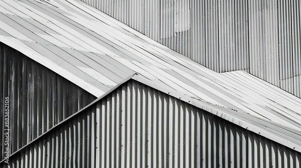 Leinwandbilder Corrugated metal walls of industrial building Pitched roof Abstract modern architecture in minimal style Material geometric pattern with triangles polygons angular structure and parall : Generative AI