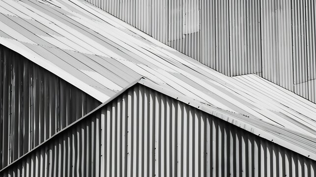 Corrugated metal walls of industrial building Pitched roof Abstract modern architecture in minimal style Material geometric pattern with triangles polygons angular structure and parall : Generative AI