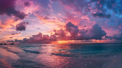 Amazing panorama beach landscape Maldives sunset seascape view Horizon with sea and colorful sky Luxury resort for vacation and holiday concept Tropical sunset beach : Generative AI