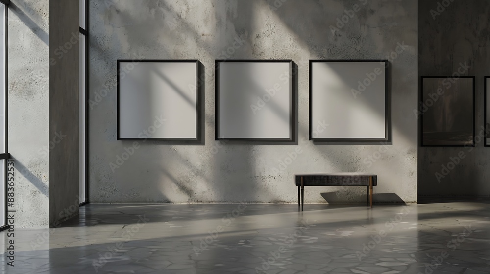 Poster gallery interior with empty frames on wall : generative ai