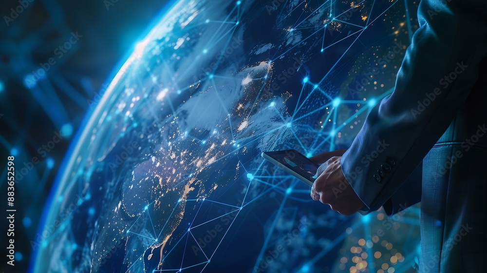 Aufkleber Global internet network connection global business internet of thing concept Business man using digital tablet social networking digital marketing internet technology futuristic tech b : Generative AI