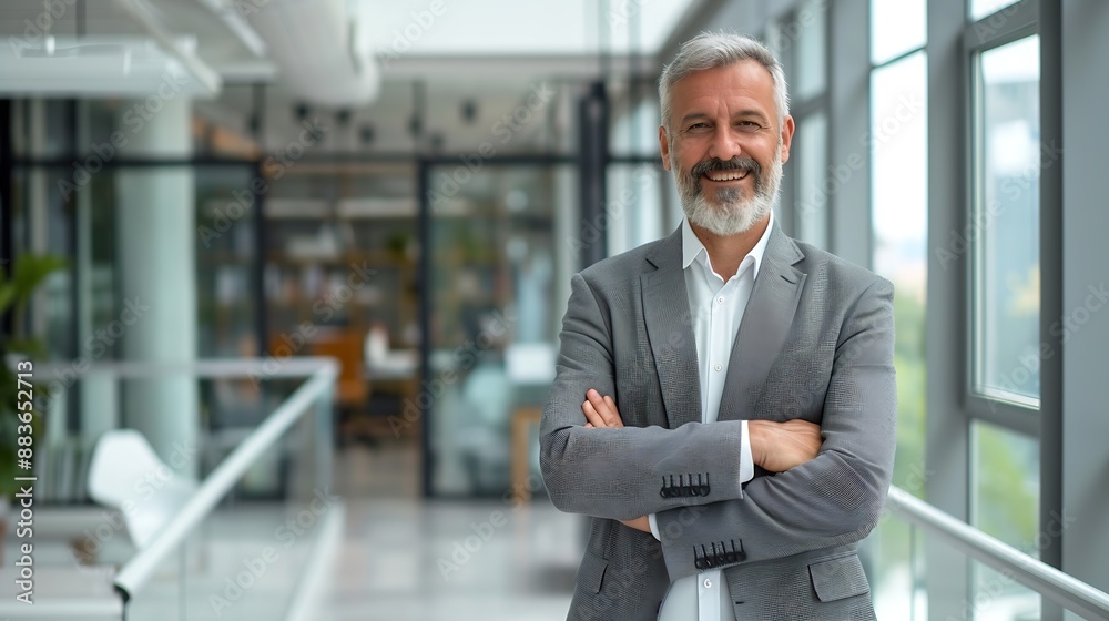 Poster portrait of a confident middle aged caucasian businessman standing in office in a bright business ce