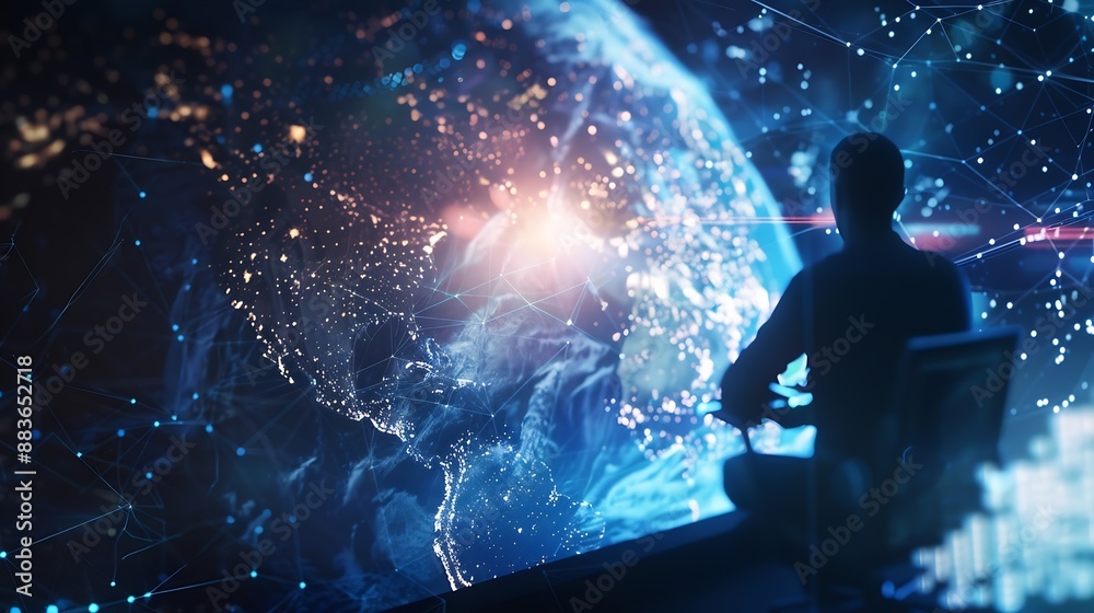 Poster Digital transformation internet network technology big data futuristic technology background man using computer with global network connection data link and exchange on virtual screen : Generative AI