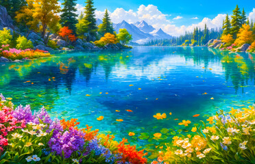 Serene Mountain Lake with Colorful Flowers.