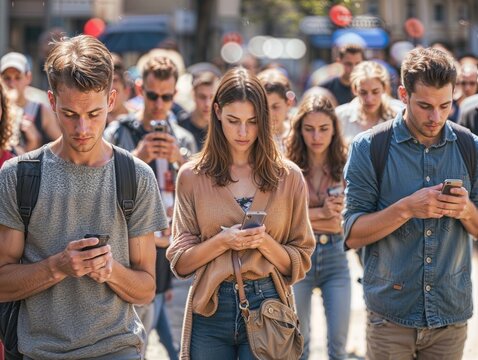 Pessoas imersas em seus smartphones enquanto caminham nas ruas, alheias ao mundo real. Depend&ecirc;ncia digital e aliena&ccedil;&atilde;o na era moderna