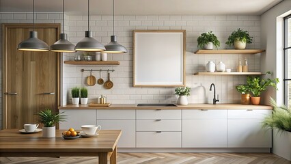 Empty poster frame hanging in modern cozy kitchen interior , mockup, frame, poster, blank, copy space, design, home decor