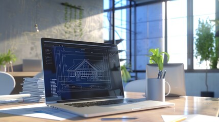 Digital blueprint by architecture design software on laptop screen with documents and blueprint layout on office table seamless integration of technology and traditional drafting metho : Generative AI