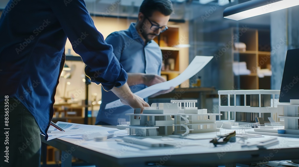 Poster Team of engineers or architects working together at desk in office workplace looking at model for adjustment and planning and discussing about blueprints of building construction proje : Generative AI