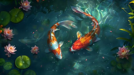 Two koi fish swim gracefully in a serene pond adorned with colorful water lilies and lotus flowers