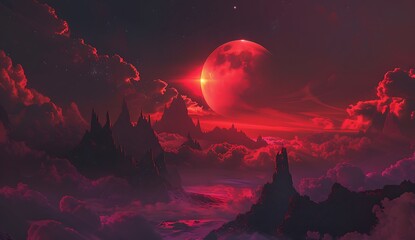 Crimson moon rising over a mysterious landscape