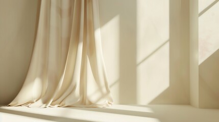 Minimalistic abstract gentle light beige background for product presentation with light and shadow of window curtains on wall : Generative AI