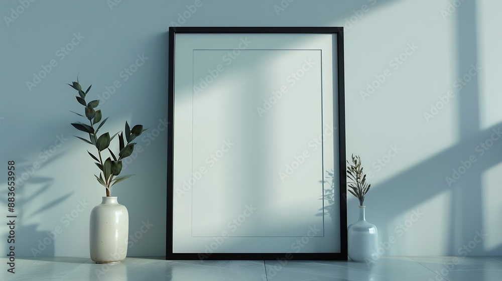 Poster Mockup of black frame in room interior with lighting Simple Mockup of white blank board : Generative AI