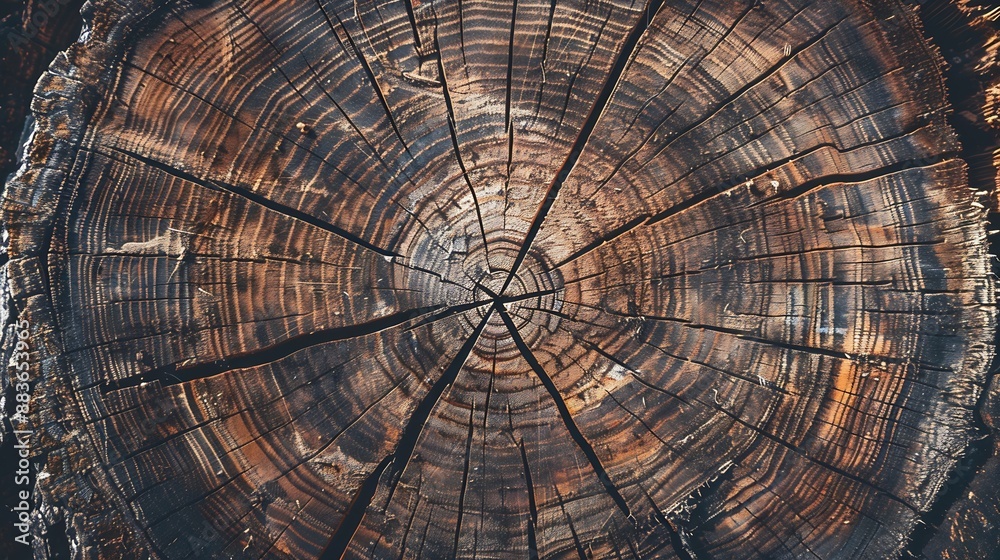 Poster surface a felled tree trunk background wood texture of annual rings and cracks : Generative AI