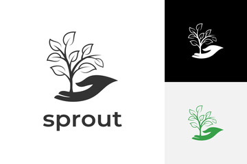 sprout plant and hand logo design with growing plant graphic element symbol