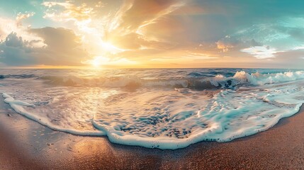 Best sea beach sky closeup colorful sunset Panoramic majestic landscape Tropical paradise beaches Mediterranean seascape Blue gold sunshine sunlight soft sand waves calmness summer tra : Generative AI
