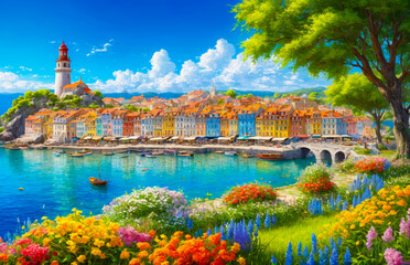 Colorful Coastal Town with Lighthouse and Flowers.