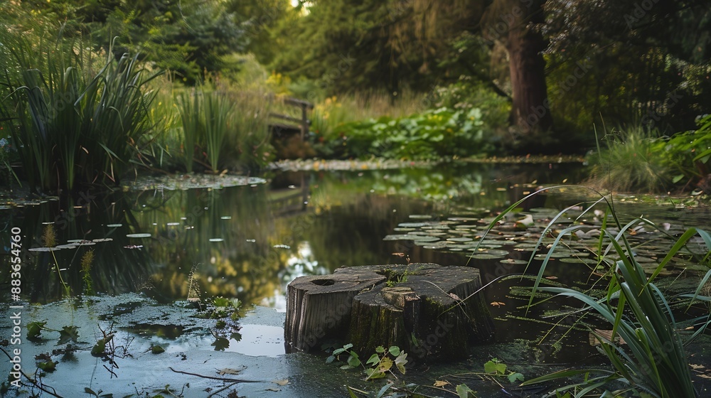 Poster early in the morning at a pond with beautiful vegetation and an atmospheric lagoon landscape in inve