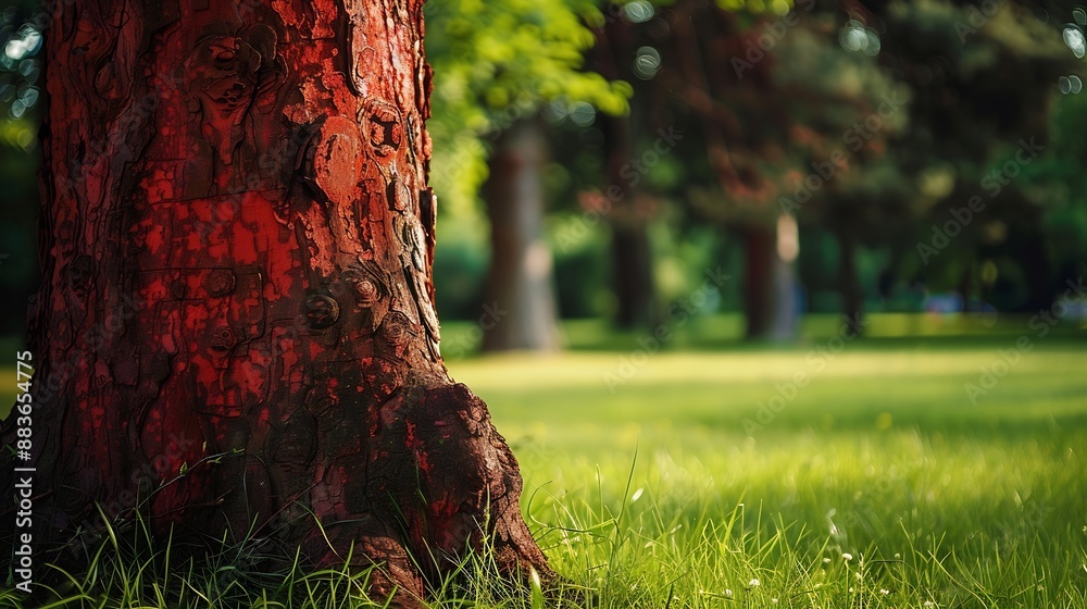 Poster closeup of a red tree trunk in a park : generative ai