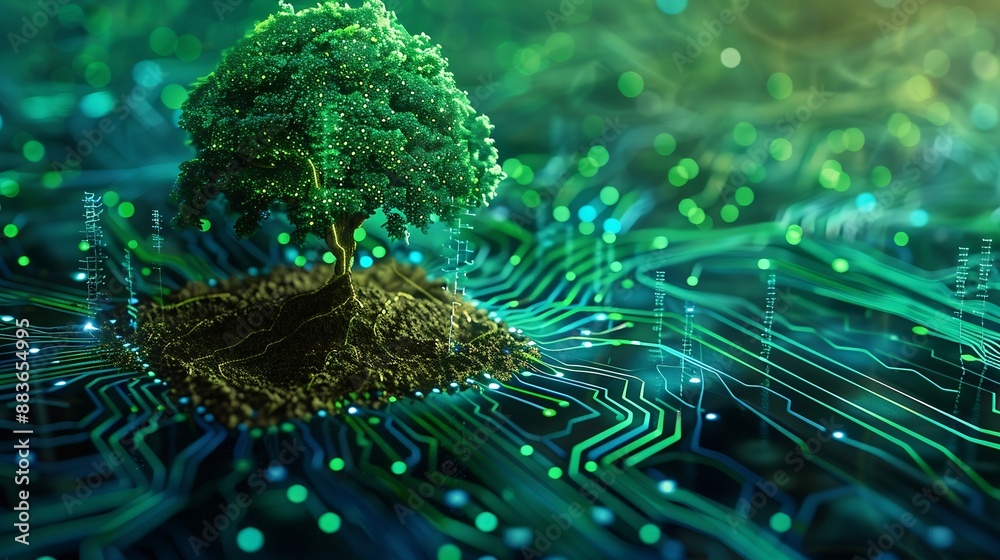 Aufkleber Tree with soil growing on  the converging point of computer circuit board Blue light and wireframe network background Green Computing Green Technology Green IT csr and IT ethics Concep : Generative AI