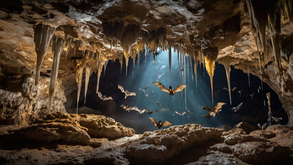 Cave with fascinating stalactites rock formation with a flying bats 