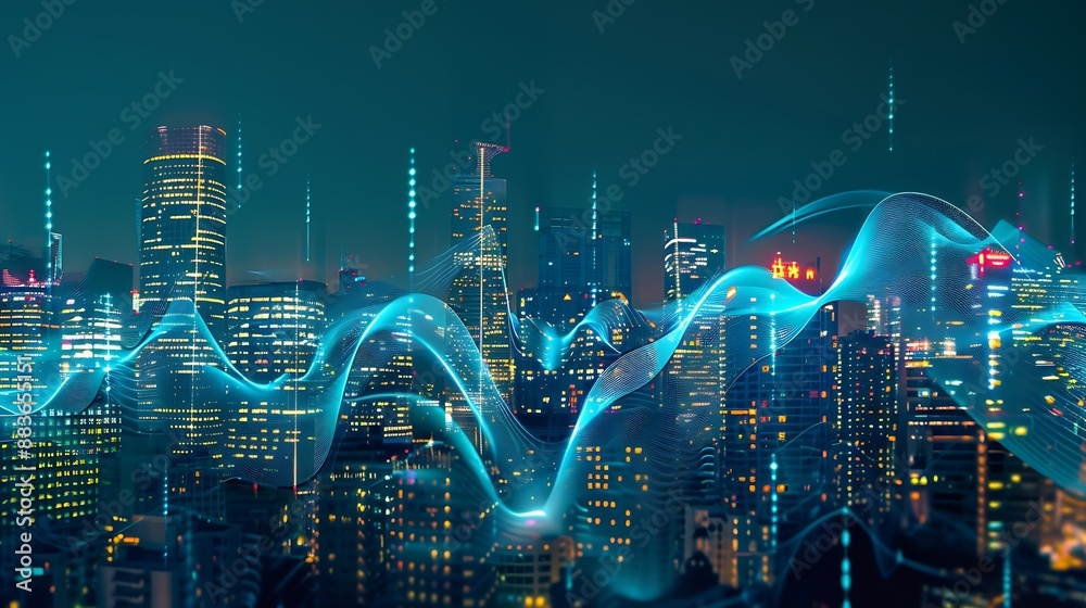 Poster smart city high speed internet and big data connection technology concept digital graphic wire waves