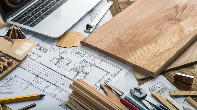 Interior designers working table with laptop tools wooden color sampler and blueprints of the project All equipment and material sample for perfect home renovation : Generative AI