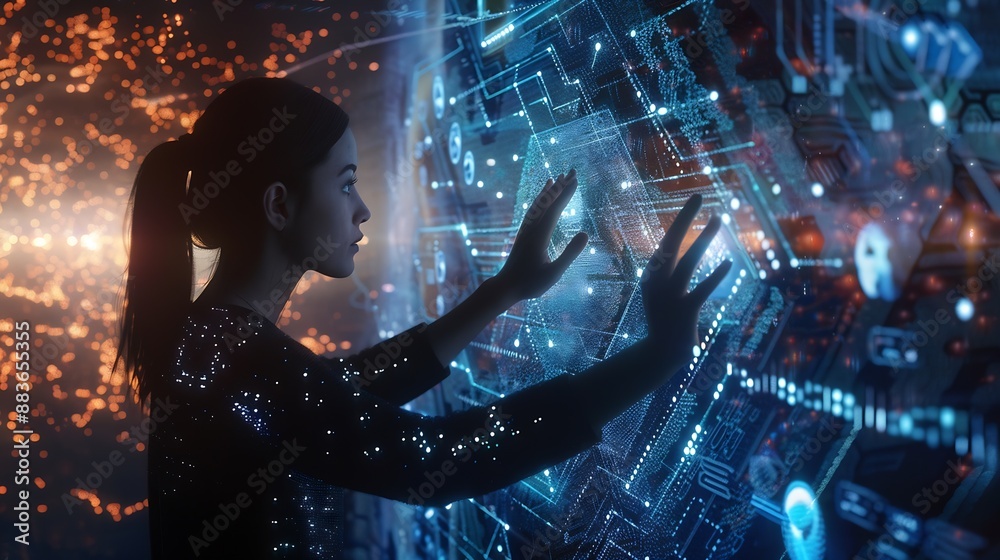 Poster Digital technology internet network connection big data digital marketing IoT internet of things Woman using modern computer surfing internet futuristic metaverse innovative technology : Generative AI