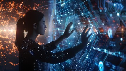 Digital technology internet network connection big data digital marketing IoT internet of things Woman using modern computer surfing internet futuristic metaverse innovative technology : Generative AI