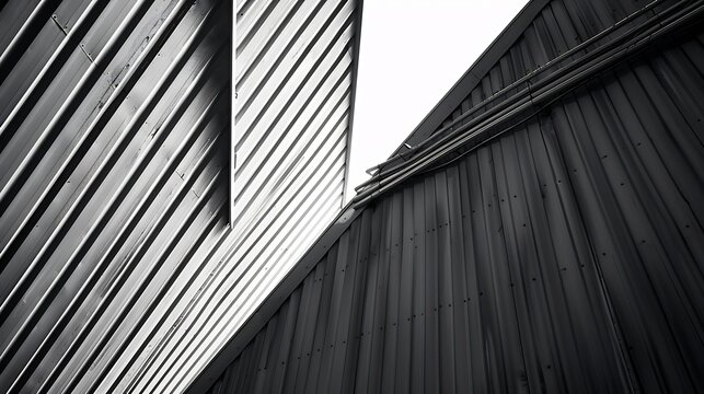 Corrugated metal walls of industrial building Pitched roof Abstract modern architecture in minimal style Material geometric pattern with triangles polygons angular structure and parall : Generative AI