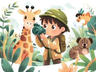 Fototapeta premium Young Explorer Capturing Wildlife Moments in Jungle Safari Adventure, Generative Ai