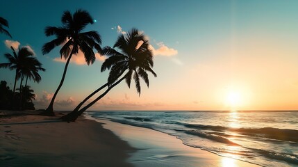 Palmtree silhouettes on the tropical beach Dominican Republic : Generative AI