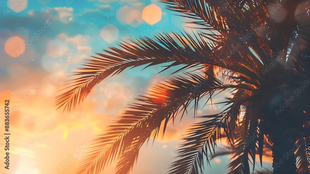Poster tropical palm tree with colorful bokeh sun light on sunset sky cloud abstract background summer vaca