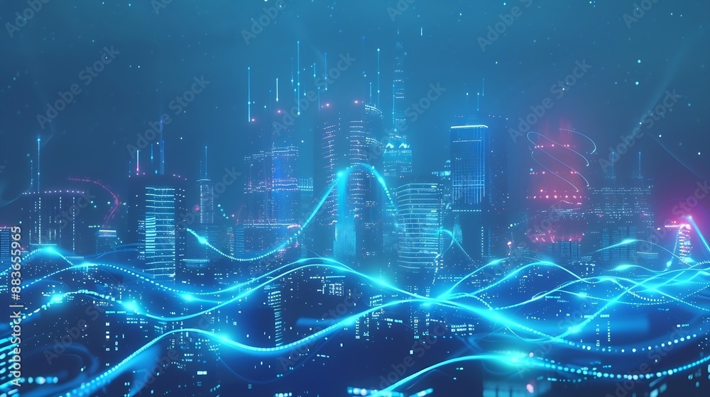 Aufkleber smart city and big data connection technology concept with digital blue wavy wires with antennas on 