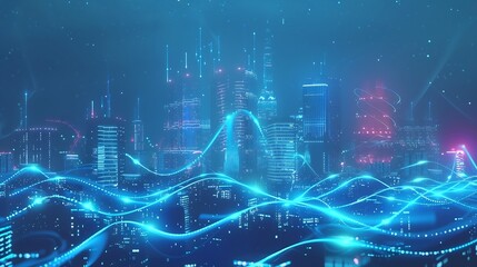 Naklejka premium Smart city and big data connection technology concept with digital blue wavy wires with antennas on night megapolis city skyline background double exposure : Generative AI