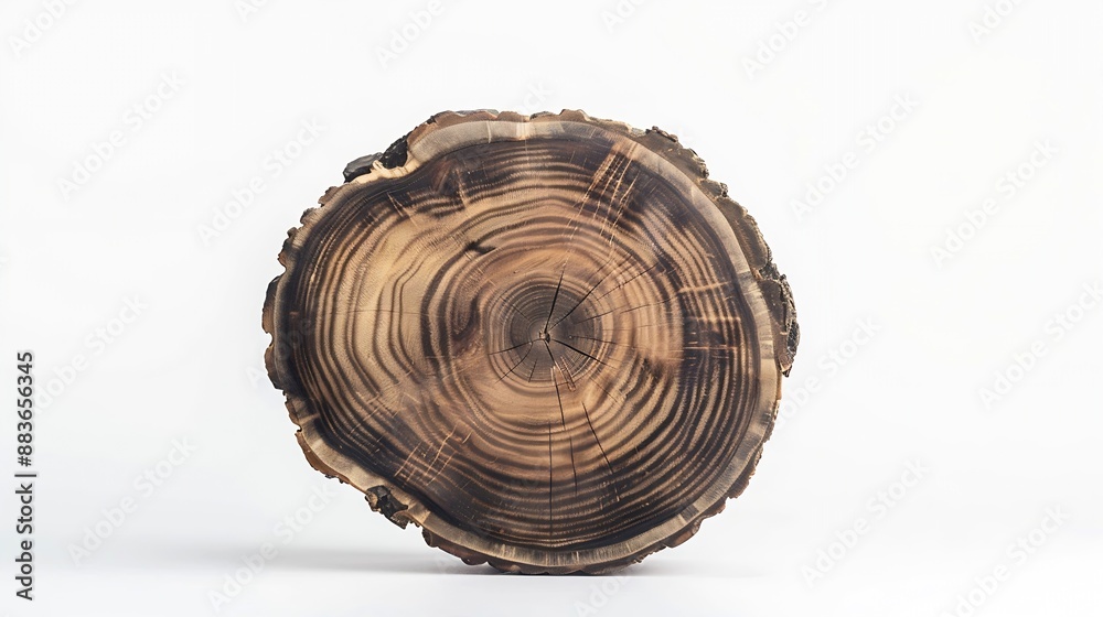 Poster round piece of wood in cross section with wood texture pattern isolated on a white background detail