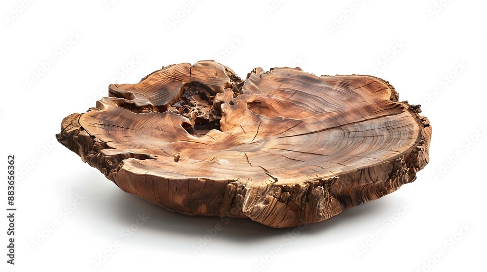 Poster Wooden plate carved from tree trunk isolated on white background Can be used like stand for your object : Generative AI