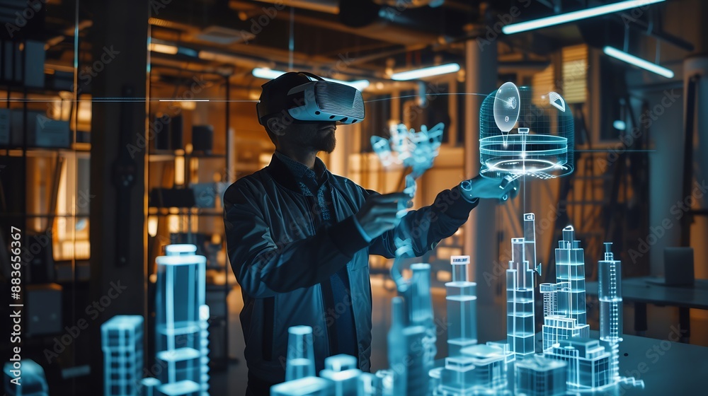 Poster male engineer uses vr headset and wireless controllers creates architectural project of the city in 